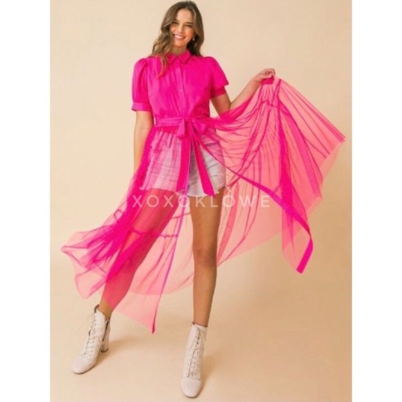 1 LEFT Barbie Pink Fuchsia Shirt Dress Tulle Skirt Coverup - Picture 4 of 10